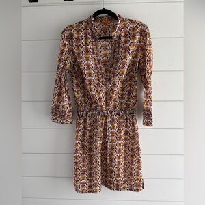 Tory Burch Cream, Burgundy & Mustard Floral Long Sleeve Dress, Size 10